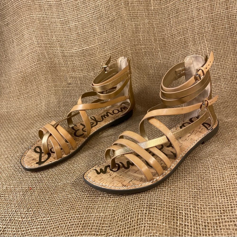 Sam Edelman Gladiator Leather Like New Strappy Sandals Gold ankle straps zip 9.5
